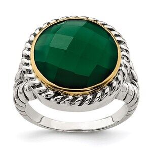 925 Sterling Silver Genuine Fine Jewelry w/14k Round Green Onyx Ring
